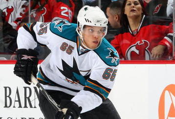 NEWARK, NJ - FEBRUARY 15:  Derek Joslin #65 of the San Jose Sharks skates against the New Jersey Devils at the Prudential Center on February 15, 2009 in Newark, New Jersey. The Devils defeated the Sharks 6-5.  (Photo by Jim McIsaac/Getty Images)
