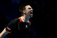 LONDON, ENGLAND - NOVEMBER 23:  Robin Soderling of Sweden celebrates the match during the men's singles first round match against Rafael Nadal of Spain during the Barclays ATP World Tour Finals at the O2 Arena on November 23, 2009 in London, England.  (Photo by Julian Finney/Getty Images)