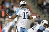 HOUSTON - NOVEMBER 23:  Quarterback Vince Young #10 of the Tennessee Titans calls signals against the Houston Texans on November 23, 2009  at Reliant Stadium in Houston, Texas.  (Photo by Stephen Dunn/Getty Images)