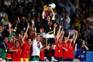 VIENNA, AUSTRIA - JUNE 29: Captain Iker Casillas of Spain lifts the trophy after winning against Germany in the UEFA EURO 2008 Final match between Germany and Spain at Ernst Happel Stadion on June 29, 2008 in Vienna, Austria. (Photo by Clive Mason/Getty Images)
