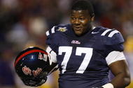 OXFORD, MS - NOVEMBER 17: John Jerry #77 of the Mississippi Rebels smiles during a game against the LSU Tigers on November 17, 2007 at Vaught-Hemingway Stadium/Hollingsworth Field in Oxford, Mississippi. LSU beat Mississippi 41-24. (Photo by Joe Murphy/Getty Images)