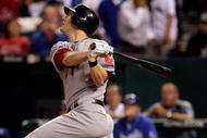 KANSAS CITY, MO - SEPTEMBER 21:  Jason Bay #44 of the Boston Red Sox watches his three run shot to left center off starting pitcher Lenny DiNardo #41 of the Kansas City Royals during the third inning of the game on September 21, 2009 at Kauffman Stadium in Kansas City, Missouri.  (Photo by Jamie Squire/Getty Images)