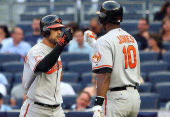 NEW YORK - JULY 20:  Nick Markakis #21 of the Baltimore Orioles celebrates his home run against the New York Yankees with teammate Adam Jones #10 on July 20, 2009 at Yankee Stadium in the Bronx borough of New York City.  (Photo by Jim McIsaac/Getty Images)