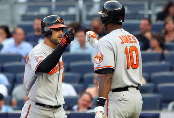 NEW YORK - JULY 20:  Nick Markakis #21 of the Baltimore Orioles celebrates his home run against the New York Yankees with teammate Adam Jones #10 on July 20, 2009 at Yankee Stadium in the Bronx borough of New York City.  (Photo by Jim McIsaac/Getty Images)