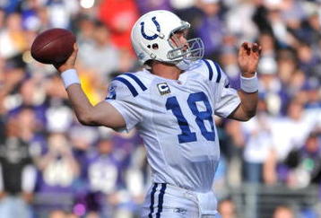 BALTIMORE - NOVEMBER 22:  Peyton Manning #18 of the Indianapolis Colts passes against the Baltimore Ravens at M&T Bank Stadium on November 22, 2009 in Baltimore, Maryland. The Colts defeated the Ravens 17-15. (Photo by Larry French/Getty Images)