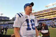 BALTIMORE - NOVEMBER 22:  Peyton Manning #18 of the Indianapolis Colts walks off the field after the game against the Baltimore Ravens at M&T Bank Stadium on November 22, 2009 in Baltimore, Maryland. The Colts defeated the Ravens 17-15. (Photo by Larry French/Getty Images)