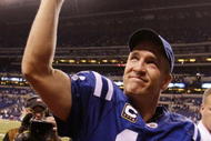 INDIANAPOLIS - NOVEMBER 15: Quarterback Peyton Manning #18 of the Indianapolis Colts celebrates his teams 35-34 victory over the New England Patriots after the game at Lucas Oil Stadium on November 15, 2009 in Indianapolis, Indiana. (Photo by Andy Lyons/Getty Images)