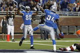 DETROIT, MI - NOVEMBER 22: Kevin Smith #34 of the Detroit Lions celebrates after catching a touchdown pass against the Cleveland Browns at Ford Field on November 22, 2009 in Detroit, Michigan. The Lions came from behind to defeat the Browns 38-37. (Photo by Joe Robbins/Getty Images)