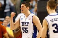 GREENSBORO, NC - MARCH 21:  Gary Johnson #1 of the Texas Longhorns reacts to a call as Brian Zoubek #55 of the Duke Blue Devils celebrates a foul during the second round of the NCAA Division I Men's Basketball Tournament at the Greensboro Coliseum on March 21, 2009 in Greensboro, North Carolina.  (Photo by Streeter Lecka/Getty Images)
