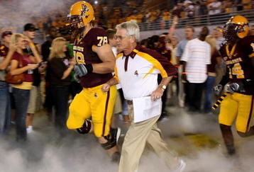 TEMPE, AZ - OCTOBER 13:  Head coach Dennis Erickson of the Arizona State Sun Devils runs onto the field during introductions before the game with the Washington Huskies on October 13, 2007 at Sun Devil Stadium in Tempe, Arizona.  Arizona State won 44-20.  (Photo by Stephen Dunn/Getty Images)