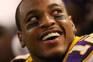 MINNEAPOLIS - NOVEMBER 22:  Percy Harvin #12 of the Minnesota Vikings smiles on the bench against the Seattle Seahawks at Hubert H. Humphrey Metrodome on November 22, 2009 in Minneapolis, Minnesota.  (Photo by Nick Laham/Getty Images)