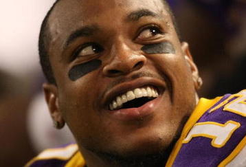 MINNEAPOLIS - NOVEMBER 22:  Percy Harvin #12 of the Minnesota Vikings smiles on the bench against the Seattle Seahawks at Hubert H. Humphrey Metrodome on November 22, 2009 in Minneapolis, Minnesota.  (Photo by Nick Laham/Getty Images)