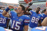 GAINESVILLE, FL - NOVEMBER 21: Quarterback Tim Tebow #15 of the Florida Gators celebrates a 62 - 3 victory  against the Florida International University Golden Panthers, November 21, 2009 at Ben Hill Griffin Stadium in Gainesville, Florida.  (Photo by Al Messerschmidt/Getty Images)