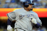 LOS ANGELES, CA - AUGUST 5:  Prince Fielder #28 of the Milwaukee Brewers grounds out against the Los Angeles Dodgers during the first inning at Dodger Stadium August 5, 2009 in Los Angeles, California.  (Photo by Harry How/Getty Images)