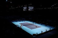 LONDON, ENGLAND - NOVEMBER 22: Juan Martin Del Potro of Argentina serves during the men's singles first round match against Andy Murray of Great Britain  during the Barclays ATP World Tour Finals at the O2 Arena on November 22, 2009 in London, England.  (Photo by Clive Brunskill/Getty Images)