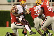 ATHENS, GA - SEPTEMBER 26: Danny Sullivan #15 of the Arizona State Sun Devils is sacked by Justin Houston #42 of the Georgia Bulldogs at Sanford Stadium on September 26, 2009 in Athens, Georgia. (Photo by Scott Cunningham/Getty Images)
