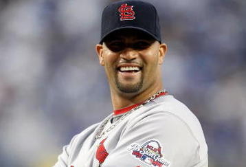 LOS ANGELES, CA - OCTOBER 07:  Albert Pujols #5 of the St. Louis Cardinals smiles during pregame introductions before taking on the Los Angeles Dodgers in Game One of the NLDS during the 2009 MLB Playoffs at Dodger Stadium on October 7, 2009 in Los Angeles, California.  (Photo by Jeff Gross/Getty Images)