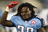 NASHVILLE, TN - NOVEMBER 01:  Chris Johnson #28 of the Tennessee Titans reacts to his teams 30-13 victory over the Jacksonville Jaguars after their game at LP Field on November 1, 2009 in Nashville, Tennessee.  (Photo by Streeter Lecka/Getty Images)