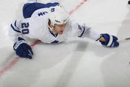 NEWARK, NJ - APRIL 07: Christian Hanson #20 of the Toronto Maple Leafs hits the ice against the New Jersey Devils on April 7, 2009 at the Prudential Center in Newark, New Jersey.The Maple Leafs defeated the Devils 4-1. (Photo by Bruce Bennett/Getty Images)