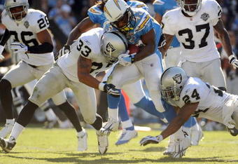 SAN DIEGO - NOVEMBER 01:  Darren Sproles #43 of the San Diego Chargers gets hit by Tyvon Branch #33 and Michael Huff #24 of the Oakland Raiders during the game at Qualcomm Stadium on November 1, 2009 in San Diego California. The Chargers defeated the Raiders 24-16. (Photo by Harry How/Getty Images)