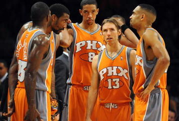 LOS ANGELES, CA - NOVEMBER 12:  Steve Nash #13, Channing Frye #8, Amar'e Stoudemire #1, Grant Hill #33 and Jason Richardson #23 of the Phoenix Suns talk during a timeout against the Los Angeles Lakers during the first half at Staples Center on November 12, 2009 in Los Angeles, California.  NOTE TO USER: User expressly acknowledges and agrees that, by downloading and/or using this Photograph, user is consenting to the terms and conditions of the Getty Images License Agreement.  (Photo by Harry How/Getty Images)