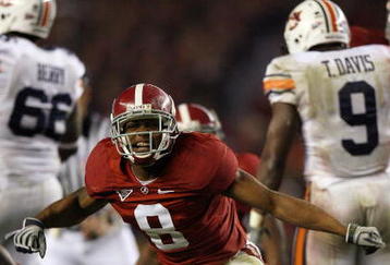 TUSCALOOSA, AL - NOVEMBER 29:  Defensive back Chris Rogers #8 of the Alabama Crimson Tide celebrates after making a stop in the fourth quarter against the Auburn Tigers at Bryant-Denny Stadium on November 29, 2008 in Tuscaloosa, Alabama. Alabama defeated Auburn 36-0.  (Photo by Doug Benc/Getty Images)