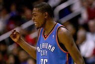 LOS ANGELES, CA - NOVEMBER 11:  Kevin Durant #35 of  the Oklahoma City Thunder celebrates during the game against the Los Angeles Clippers on November 11, 2009 at Staples Center in Los Angeles, California.   The Thunder won 83-79.   NOTE TO USER: User expressly acknowledges and agrees that, by downloading and/or using this Photograph, user is consenting to the terms and conditions of the Getty Images License Agreement.  (Photo by Stephen Dunn/Getty Images)