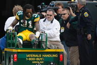GREEN BAY, WI - NOVEMBER 22: Defensive back Al Harris #31 of the Green Bay Packers is taken off the field on a cart after an injury against the San Francisco 49ers at Lambeau Field on November 22, 2009 in Green Bay, Wisconsin. The Packers defeated the 49ers 30-24. (Photo by Scott Boehm/Getty Images)