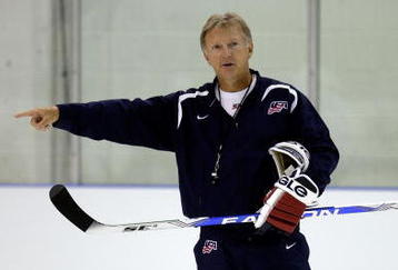 WOODRIDGE, IL - AUGUST 17:  Head coach Ron Wilson runs drills during the USA Olympic Men's Ice Hockey Orientation Camp on August 17, 2009 at Seven Bridges Ice Arena in Woodridge, Illinois.  (Photo by Jamie Squire/Getty Images)