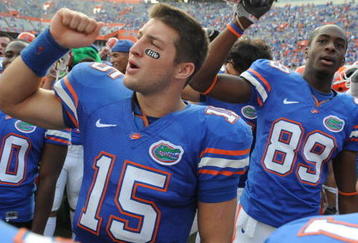 GAINESVILLE, FL - NOVEMBER 21: Quarterback Tim Tebow #15 of the Florida Gators celebrates a 62 - 3 victory  against the Florida International University Golden Panthers, November 21, 2009 at Ben Hill Griffin Stadium in Gainesville, Florida.  (Photo by Al Messerschmidt/Getty Images)