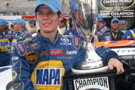 DOVER, DE - SEPTEMBER 25: Ryan Truex, driver ofd the #00 NAPA Toyota, celebrates winning the 2009 NASCAR Camping World Series East Championship after the NASCAR Camping World Series East Sunoco 150 at Dover International Speedway on September 25, 2009 in Dover, Delaware. (Photo by Jerry Markland/Getty Images for NASCAR)