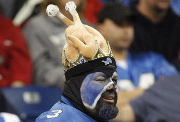 DETROIT - NOVEMBER 22:  A Detroit Lions fan looks on during the game against the Green Bay Packers on November 22, 2007 at Ford Field in Detroit, Michigan. (Photo by Gregory Shamus/Getty Images)
