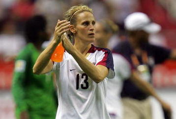 SHANGHAI, CHINA - SEPTEMBER 30:  USA forward Kristine Lilly celebrates after her team's 4-1 win of the FIFA Women's World Cup 2007 third place playoff match against Norway at Hongkou Stadium on September 30, 2007 in Shanghai, China.  (Photo by Ronald Martinez/Getty Images)
