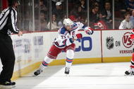 NEWARK, NJ - OCTOBER 05: Chris Drury #23 of the New York Rangers skates for the puck during the game against the New Jersey Devils at the Prudential Center on October 5, 2009 in Newark, New Jersey. (Photo by Bruce Bennett/Getty Images)
