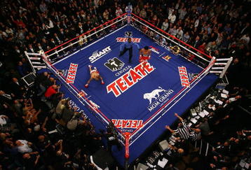 LAS VEGAS - NOVEMBER 14:  (L-R) Manny Pacquiao knocks down Miguel Cotto during the fourth round of their WBO welterweight title fight at the MGM Grand Garden Arena on November 14, 2009 in Las Vegas, Nevada. Pacquiao defeated Cotto by 12 round TKO.  (Photo by Al Bello/Getty Images)