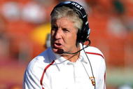 LOS ANGELES, CA - NOVEMBER 14:  Head Coach Pete Carroll of the USC Trojans questions a non-fumble call in the game against the Stanford Cardinal during the second half at the Los Angeles Memorial Coliseum on November 14, 2009 in Los Angeles, California.  Stanford won 55-21.  (Photo by Harry How/Getty Images)