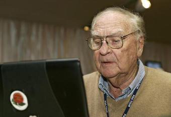 UNITED STATES - NOVEMBER 04:  Furman Bisher of the Atlanta Journal Constitution celebrates his 88th birthday while covering the third round of the THE TOUR Championship at East Lake Golf Club in Atlanta, Georgia, on November 4, 2006.  (Photo by Sam Greenwood/Getty Images)
