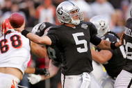 OAKLAND, CA - NOVEMBER 22: Bruce Gradkowski #5 of the Oakland Raiders throws the ball during their game against the Cincinnati Bengals at Oakland-Alameda County Coliseum on November 22, 2009 in Oakland, California. (Photo by Ezra Shaw/Getty Images)
