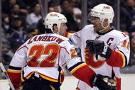 LOS ANGELES, CA - JANUARY 05:  Jarome Iginla #12 celebrates the go ahead go of Daymond Langkow #22 of the Calgary Flames against the Los Angeles Kings during the third period at the Staples Center on January 5, 2008 in Los Angeles, California. The Flames won 6-4. (Photo by Harry How/Getty Images)