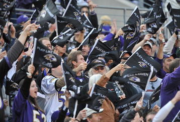 BALTIMORE - NOVEMBER 22:  Fans of the Baltimore Ravens cheer against the Indianapolis Colts at M&T Bank Stadium on November 22, 2009 in Baltimore, Maryland. The Colts defeated the Ravens 17-15. (Photo by Larry French/Getty Images)