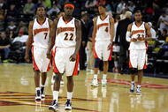 OAKLAND, CA - NOVEMBER 06:  Kelenna Azubuike #7, Anthony Morrow #22, Anthony Randolph #4 and C.J. Watson #23 of the Golden State Warriors walk back on to the court after a time out late in their loss to the Los Angeles Clippers at Oracle Arena on November 6, 2009 in Oakland, California. NOTE TO USER: User expressly acknowledges and agrees that, by downloading and/or using this Photograph, User is consenting to the terms and conditions of the Getty Images License Agreement.  (Photo by Ezra Shaw/Getty Images)