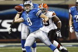 DETROIT, MI - NOVEMBER 22: Matthew Stafford #9 of the Detroit Lions passes the football while under pressure against the Cleveland Browns at Ford Field on November 22, 2009 in Detroit, Michigan. The Lions came from behind to defeat the Browns 38-37. (Photo by Joe Robbins/Getty Images)