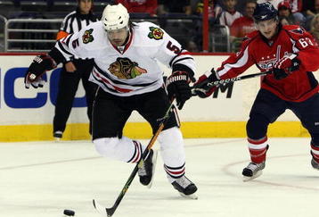 WASHINGTON DC, DC - SEPTEMBER 23:  Brent Sopel #5 of the Chicago Blackhawks skates against the Washington Capitals during their preseason game on September 23, 2009 at the Verizon Center in Washington, DC.  (Photo by Jim McIsaac/Getty Images)