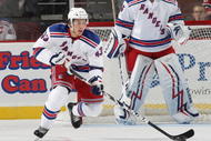 NEWARK, NJ - SEPTEMBER 16: Michael Del Zotto #43 of the New York Rangers skates against the New Jersey Devils at the Prudential Center on September 16, 2009 in Newark, New Jersey. The Devils defeated the Rangers 3-2 in the shoot out. (Photo by Bruce Bennett/Getty Images)