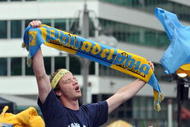 PHILADELPHIA - MAY 11:  Soccer fans cheer as the Philadelphia Union soccer team of the MLS release their name, colors and logo at a press conference on May 11, 2009 at City Hall in Philadelphia, Pennsylvania. (Photo by Drew Hallowell/Getty Images for Philadelphia Union)