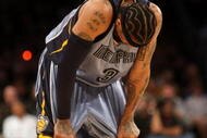 LOS ANGELES, CA - NOVEMBER 06:  Allen Iverson #3 of the Memphis Grizzlies on the court against the Los Angeles Lakers on November 6, 2009 at Staples Center in Los Angeles, California. The Lakers won 114-98. NOTE TO USER: User expressly acknowledges and agrees that, by downloading and/or using this Photograph, user is consenting to the terms and conditions of the Getty Images License Agreement.  (Photo by Stephen Dunn/Getty Images)