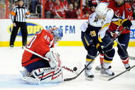 WASHINGTON - NOVEMBER 25:  Semyon Varlamov #40 of the Washington Capitals makes a save against Jason Pominville #29 of the Buffalo Sabres at the Verizon Center on November 25, 2009 in Washington, DC.  (Photo by Greg Fiume/Getty Images)
