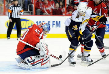 WASHINGTON - NOVEMBER 25:  Semyon Varlamov #40 of the Washington Capitals makes a save against Jason Pominville #29 of the Buffalo Sabres at the Verizon Center on November 25, 2009 in Washington, DC.  (Photo by Greg Fiume/Getty Images)