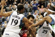 MINNEAPOLIS, MN - OCTOBER 28: Yi Jianlian #9 of the New Jersey Nets gets triple-teamed by Wayne Ellington #19 of the Minnesota Timberwolves and teammates Al Jefferson #25 and Corey Brewer #22 in the fourth quarter at the Target Center on October 28, 2009 in Minneapolis, Minnesota. The Timberwolves defeated the Nets 95-93. (Photo by Genevieve Ross/Getty Images)