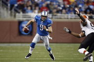 DETROIT, MI - NOVEMBER 22: Matthew Stafford #9 of the Detroit Lions runs with the football against the Cleveland Browns at Ford Field on November 22, 2009 in Detroit, Michigan. The Lions came from behind to defeat the Browns 38-37. (Photo by Joe Robbins/Getty Images)